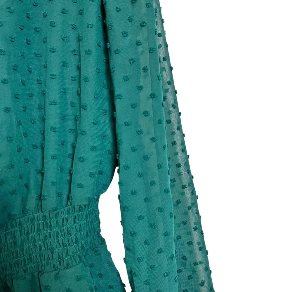 Honey & Rosie Green Swiss Dot Tiered Ruffle Long Sleeve V Neck Dress Size M‎